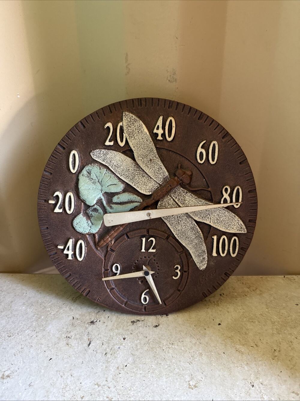 MEGA RARE - 12" ROUND SPRINGFIELD DRAGONFLY METAL THERMOMETER CLOCK NOT WORKING